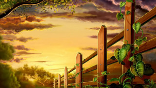Fence tree leaves sunset dawn - digital painting free wallpaper