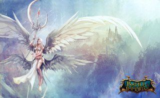 Woman wings halo sword castle - epic fantasy free wallpaper