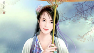 Woman umbrella rain sky tree - chen yifei free wallpaper