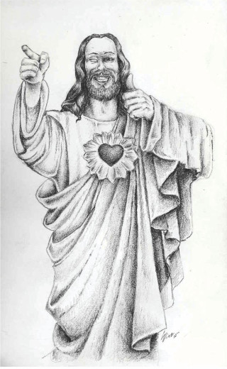Jesus holding heart cross smiling - a charcoal drawing free wallpaper
