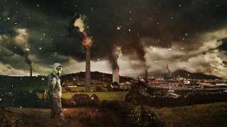 Man hill factory smoke billowing - dystopian art free wallpaper
