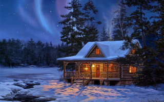 Cabin woods stream aurora lights - a cabin free wallpaper