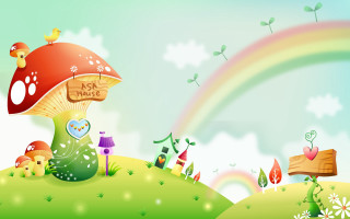 Mushroom house rainbow background sky - fantasy art free wallpaper