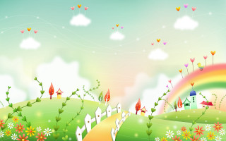 Colorful landscape house hill flowers - color field free wallpaper