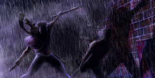 Couple rain umbrella building person - action painting free wallpaper
