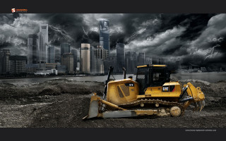 Bulldozer parked field city storm - deconstructivism free wallpaper