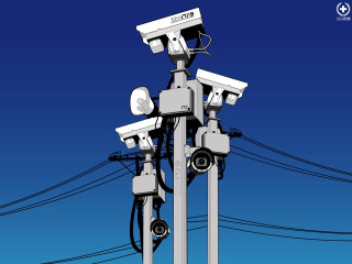 Cameras pole wires blue sky - dystopian art free wallpaper