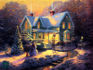 House snowman person standing outside - a painting of a house free wallpaper