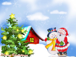 Santa snowman christmas tree house - a christmas card free wallpaper