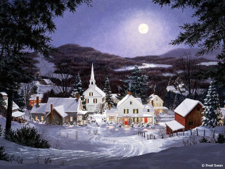 Snowy village full moon snowy - edward lamson henry free wallpaper