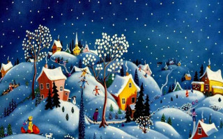 Snowy village houses trees hillside - a pointillism painting free wallpaper