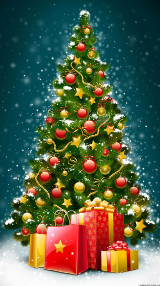 Christmas tree presents snowing ground - free christmas wallpaper for mobile