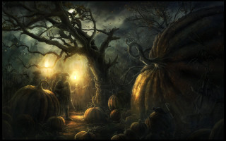 Forest people pumpkins tree light - free halloween wallpaper