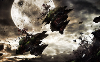 Flying birds full moon cloudy 2 - matte painting concept art free wallpaper for desktop