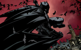 Batman standing ledges bats flying - a red sky behind free wallpaper