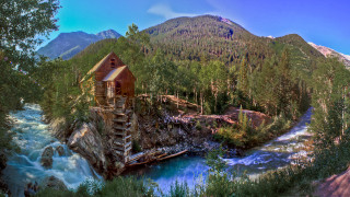 Wooden building river forest mountain - top of a river next free wallpaper