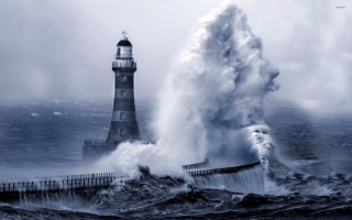 Lighthouse large wave crashing ocean - the ocean free wallpaper