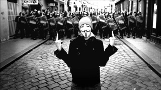 Masked person crowd flags banners - punk art free wallpaper