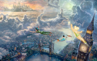 Fairy flying city clock tower - over a city free wallpaper