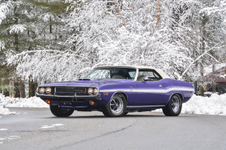 Purple car snowy road forest - covered ground free wallpaper
