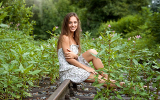 Woman sitting rail field flowers - her arm free wallpaper for desktop