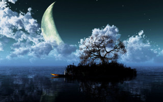 Boat floating water moon clouds - cloud and a tree free wallpaper