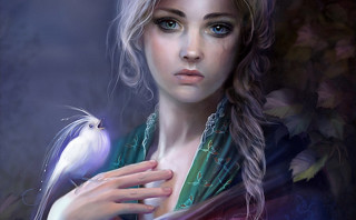 Woman holding bird shoulder painting 2 - charlie bowater free wallpaper