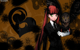 Girl red hair black owl - a brown background free wallpaper