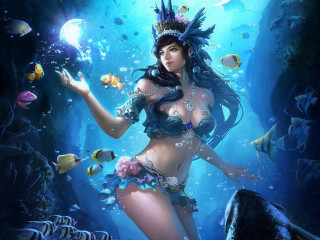 Woman bikini crystal ball underwater - free fantasy wallpaper