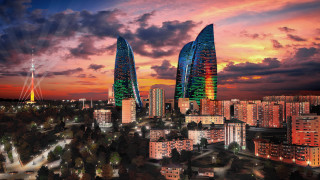 Tall buildings city sunset colorful - vray free wallpaper