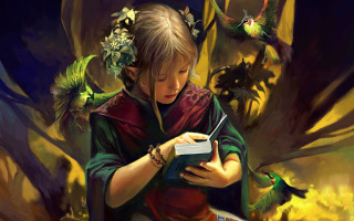 Girl reading book birds flying - her head and a bird free wallpaper