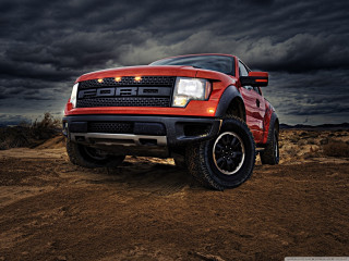 Red truck dirt field cloudy - photoreal free wallpaper