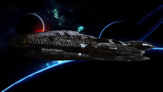 Spaceship flying through space planet 2 - a planet in the background free wallpaper