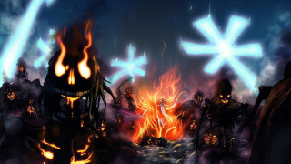 People firepit glowing pumpkins gathered - pumpkin free wallpaper