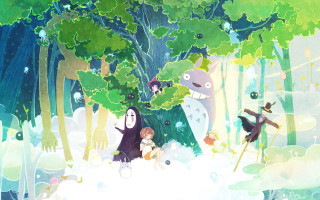 Forest animals people trees bushes - ghibli free wallpaper