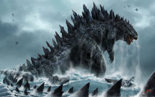 Godzilla sharks ocean boat water 2 - adam rex free wallpaper