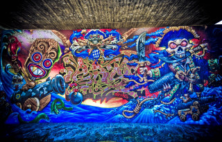 Skeleton dragon mural tunnel blue - ed roth free wallpaper