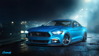 Blue mustang night fog city - fog free wallpaper