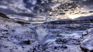 Waterfall snow rocks cloudy sky - the cloud above free wallpaper