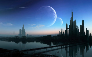 Futuristic city large moon distant - a distant planet in the background free wallpaper