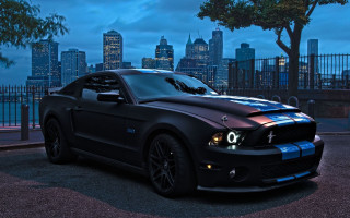 Black mustang car city skyline - matte finish free wallpaper for desktop
