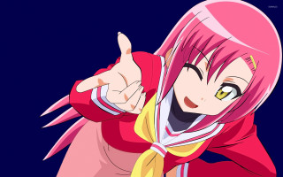 Woman pink hair pointing smiling - a yellow scarf free wallpaper