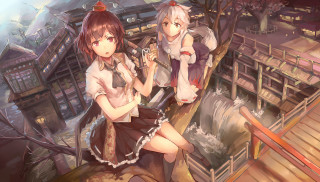 Anime girls wooden bridge town - context art free wallpaper for desktop