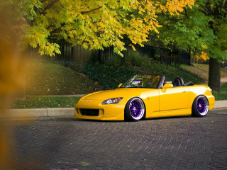 Yellow sports car autumn leaves - a brick road next free wallpaper