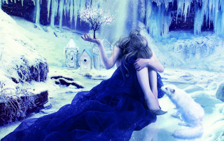 Woman blue dress sitting rock - frozen free wallpaper