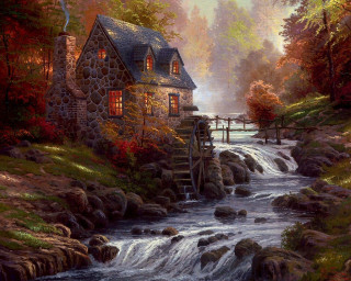 House stream bridge waterfall foreground - an oil painting free wallpaper