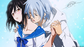 Anime couple hugging snowfall blue - a blue sky behind them free wallpaper
