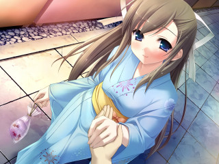 Woman blue kimono holding flower - her other hand free wallpaper for desktop