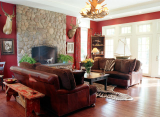 Living room fireplace deerhead couch - a deer free wallpaper
