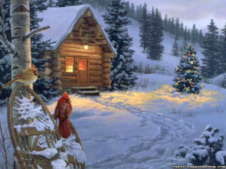 Cabin snow bird christmas forest - a christmas tree free wallpaper for desktop